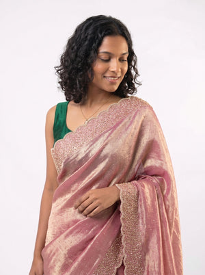 Organza Blush Pink Beads Work Scalloped Designer Saree