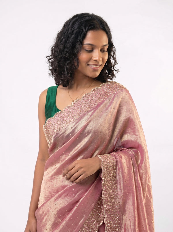 Organza Blush Pink Beads Work Scalloped Designer Saree