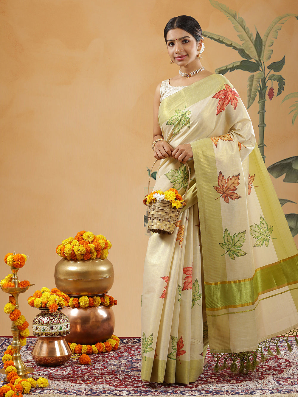 Golden Tissue Olive Green Border Set Saree With Maple Leaf Print All Over Body