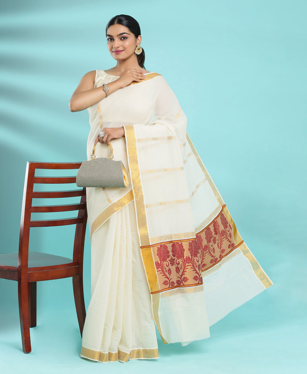 Kerala Cotton Maroon & Golden Pallu Set Saree