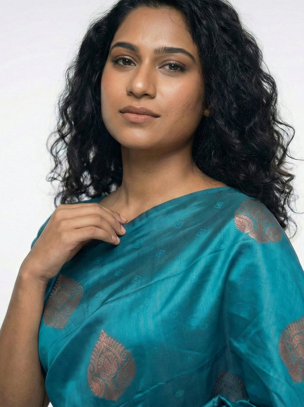 Semi Silk Peacock Green Traditional Saree with Self Butta Design Blouse