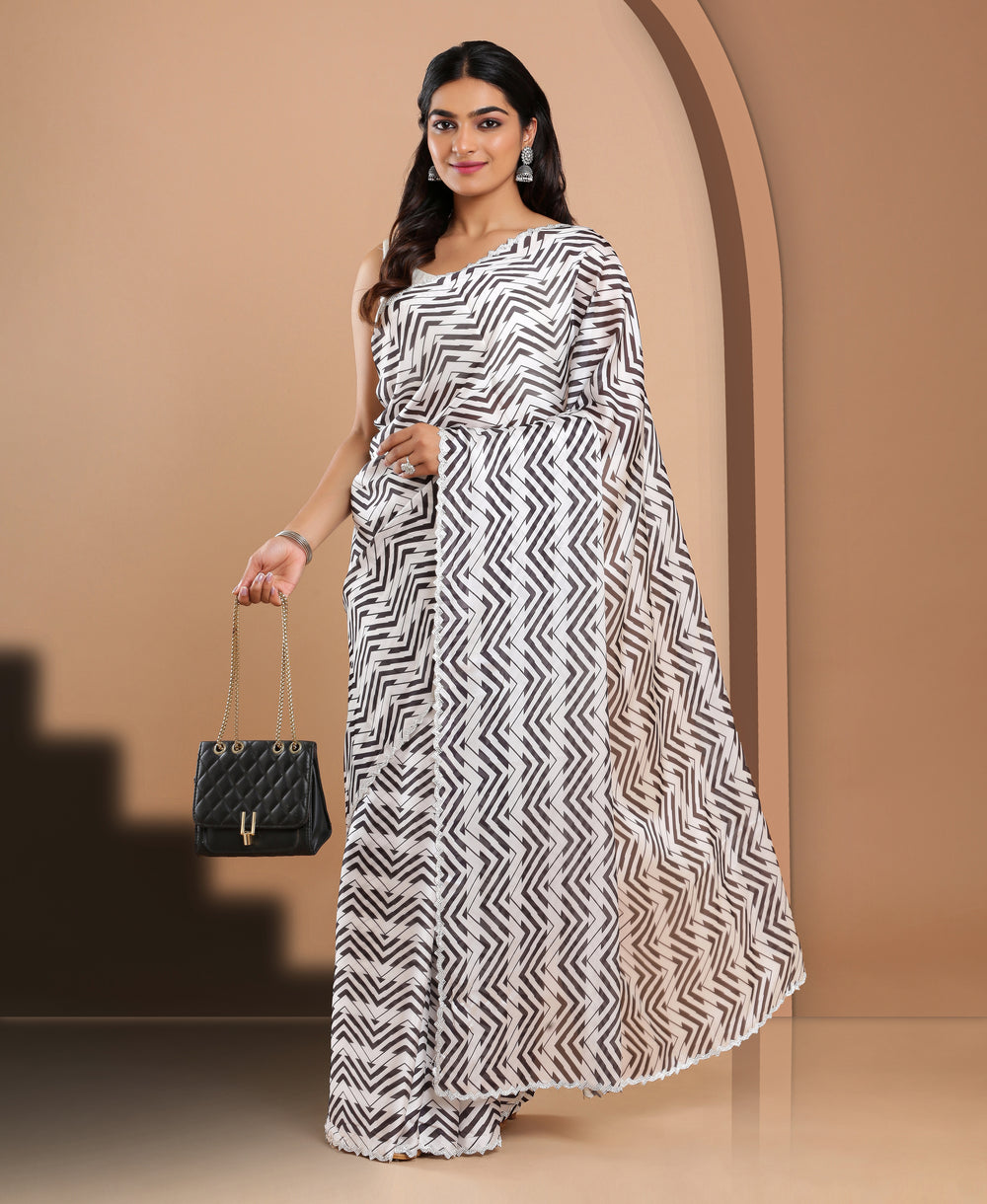 Satin Ethnic Wear White Color Saree