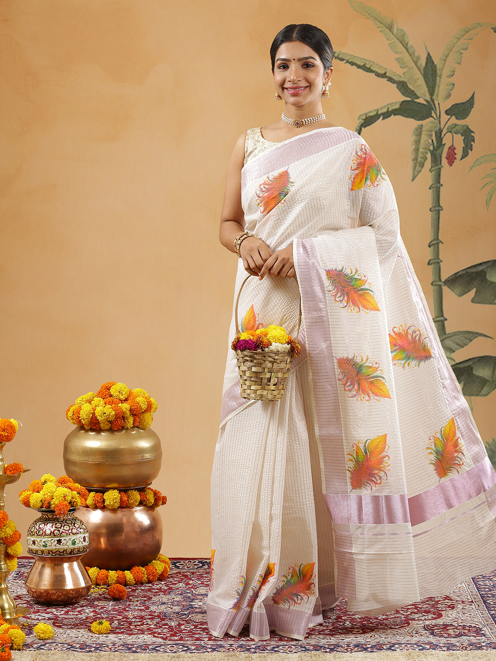 Off White Cotton Rose Gold Border Striped Set Saree With Multi Color Feather Digital Print