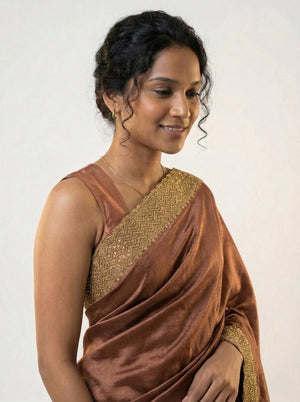 Vijithra Silk Copper Brown Zari With Stone Border Designer Saree