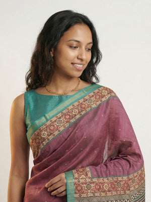 Chanderi Cotton Plum Purple & Teal Green Zari Butta Pattern Saree