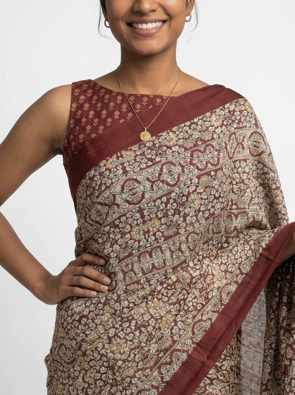 Chanderi Cotton Maroon And Beige Printed Saree