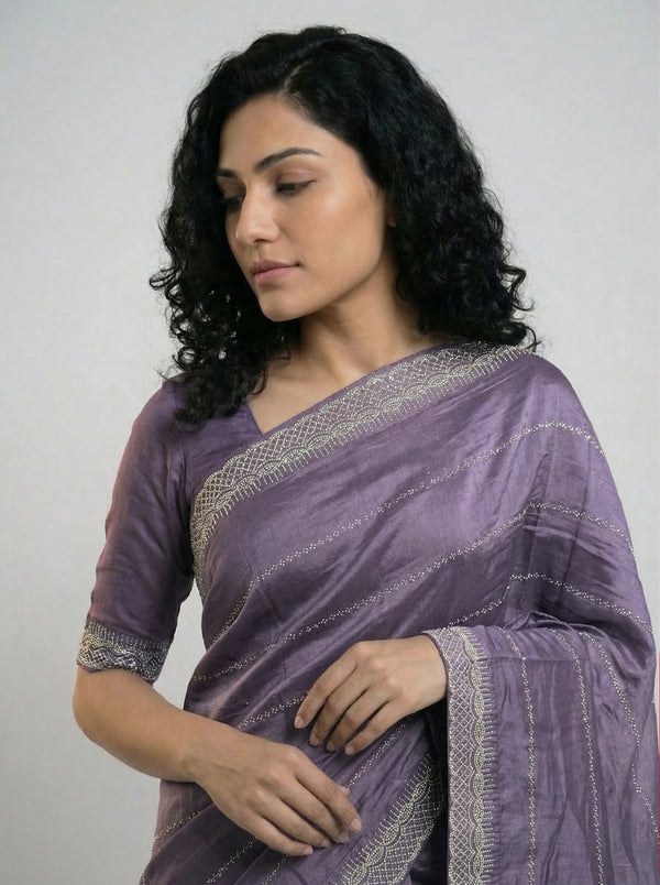 Vijithra Silk Dusty Lavender Stripe Pattern Stone Work Designer Saree