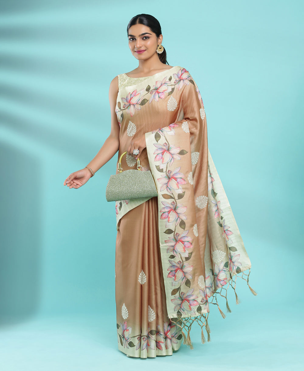 Jute Silk Floral Print Border Brown Color Saree