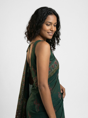 Chanderi Cotton Dark Green Embroidered Saree
