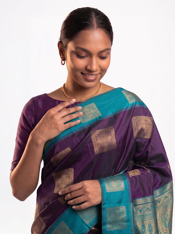 Art Silk Deep Purple and Turquoise Blue Zari Woven Saree with Geometric Block Pattern