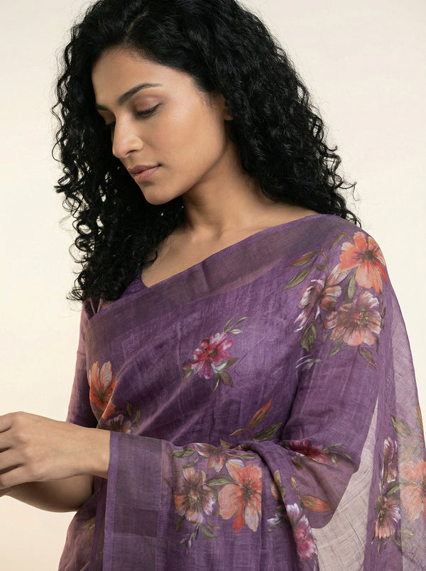 Cotton Violet Floral Printed Saree with Artistic Border Design