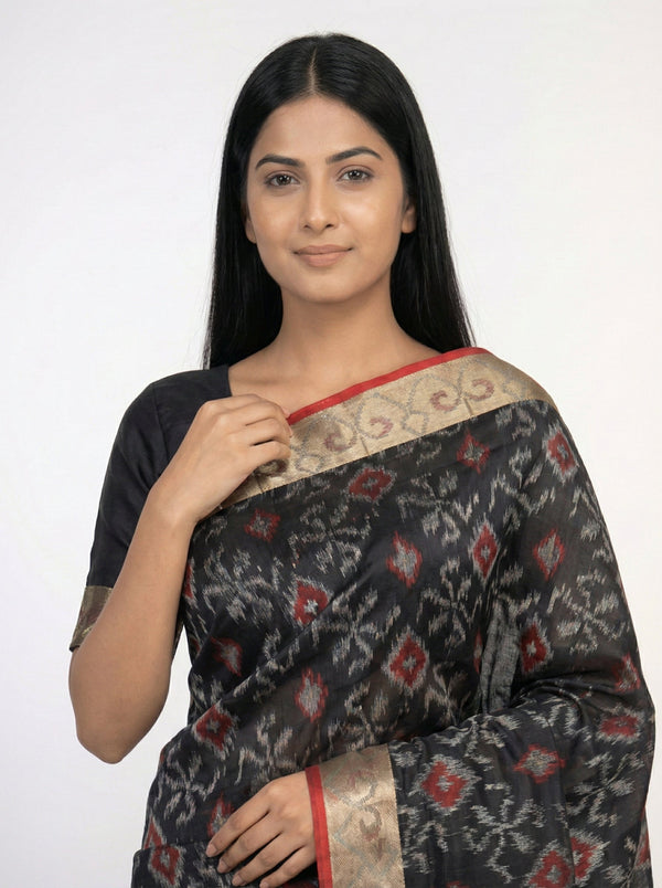 Semi Silk Black  Saree with Contrast Maroon Ikat Pallu & Plain Border Blouse