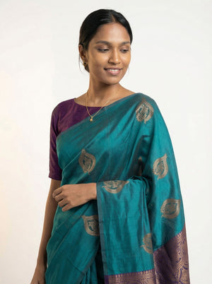 Art silk Teal Green Saree with Purple Zari Woven Border and Paisley Butta