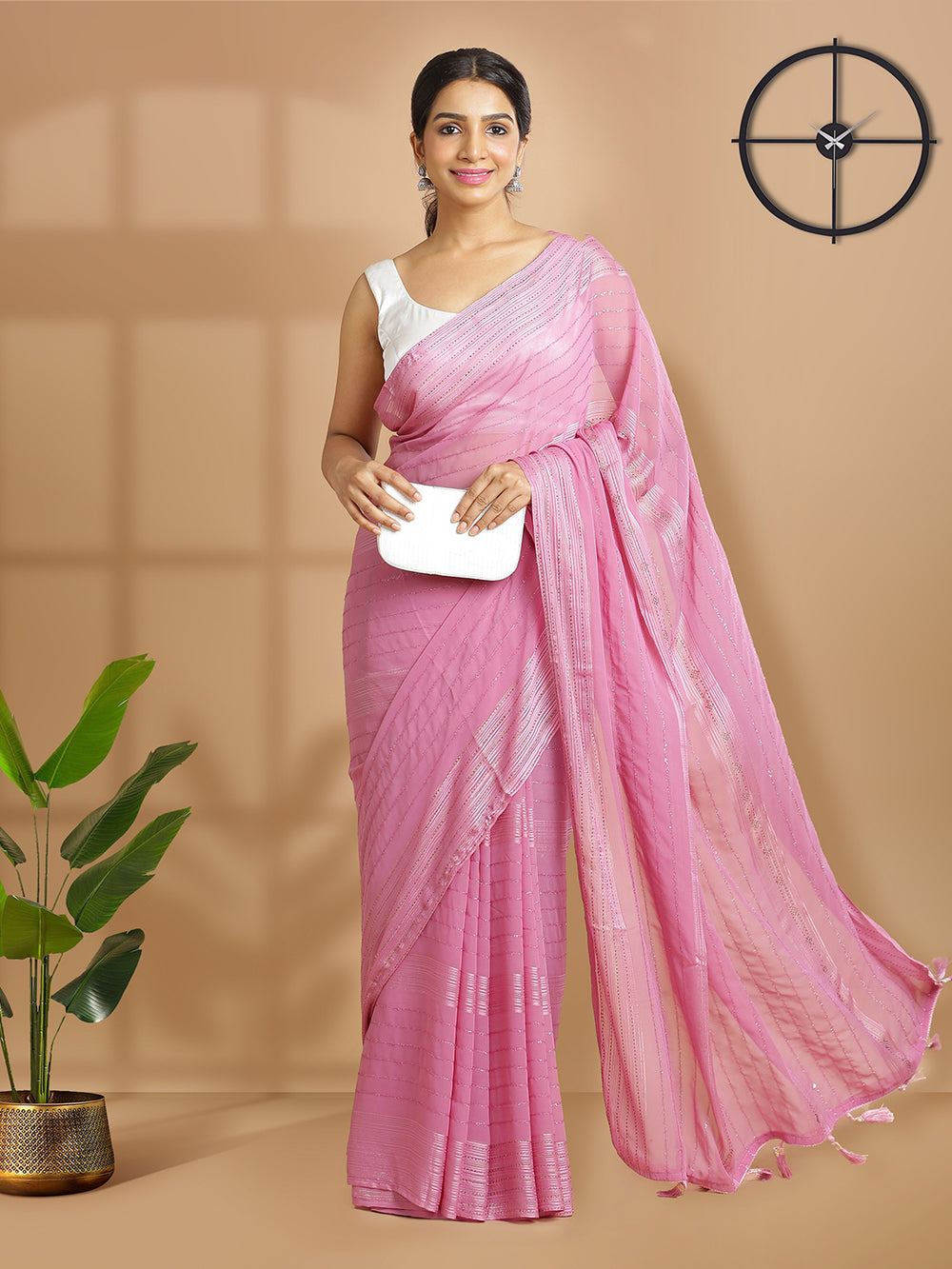 Onion Pink Chiffon Saree With Self Color Fur Stripes Over Body