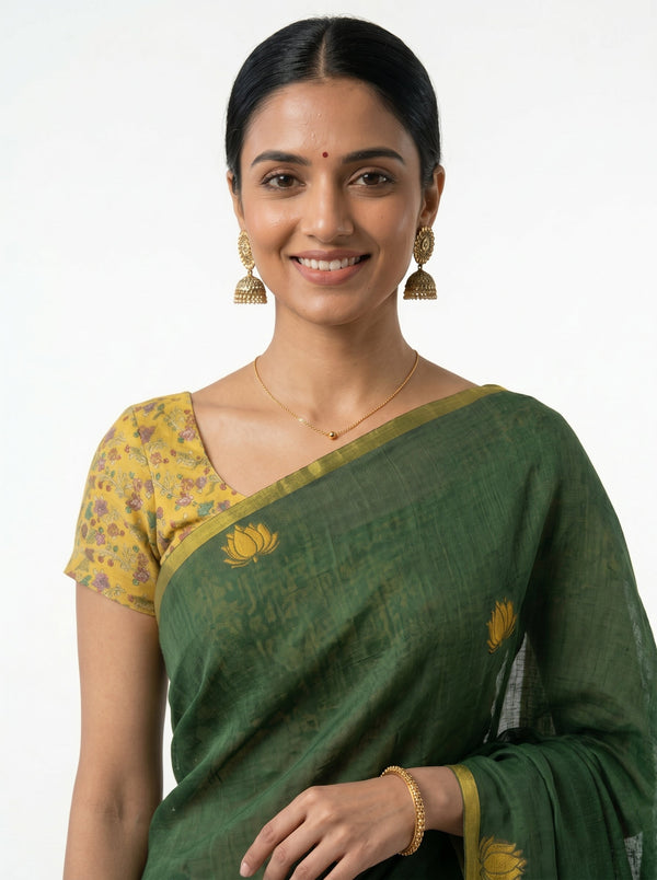 Semi Linen Forest Green Floral Design Saree