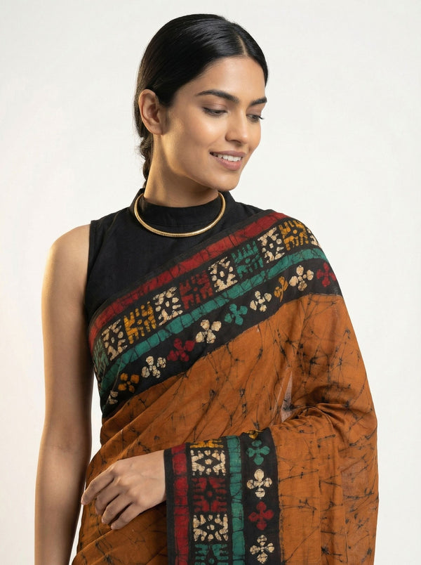 Chanderi Cotton Rust Batik Printed Saree