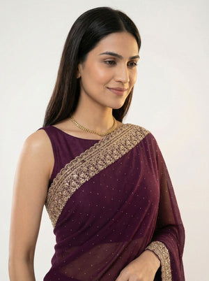 Georgette Wine Purple Zari Embellished Designer Saree