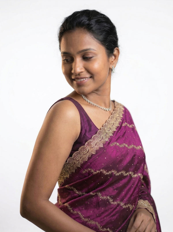 Shimmer Organza Wine Diagonal Stripe Designer Saree with Sequin Work and Embroidered Border