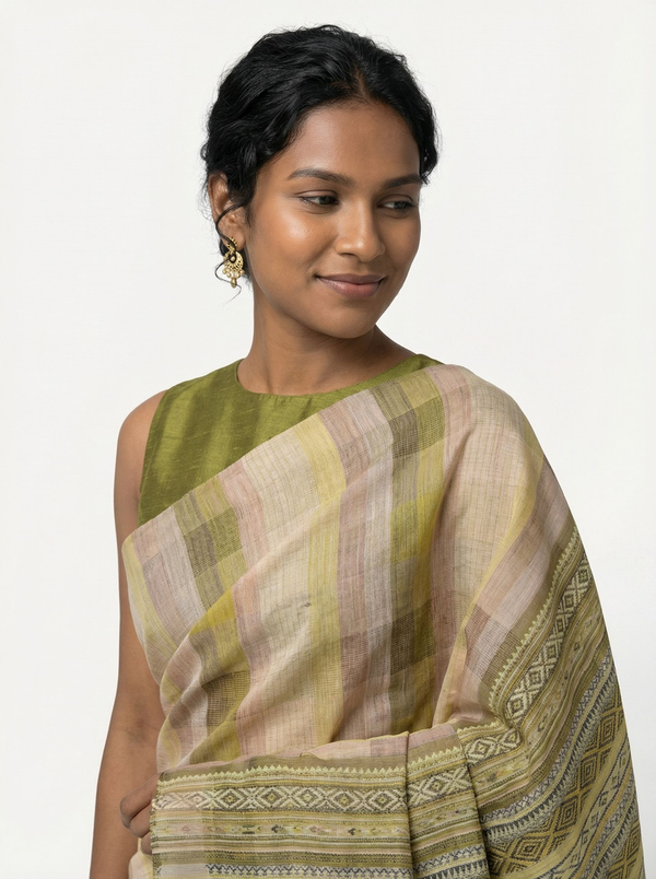Chanderi Cotton Olive Beige Checked Saree
