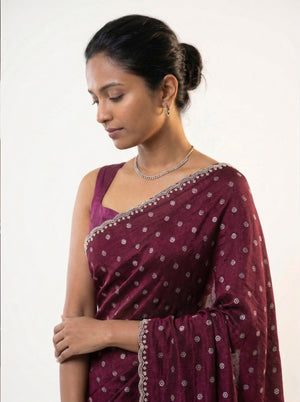 Shimmer Organza Wine Polka Dot Designer Saree with Embellished Border