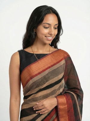 Chanderi Cotton Black Rust Striped Saree