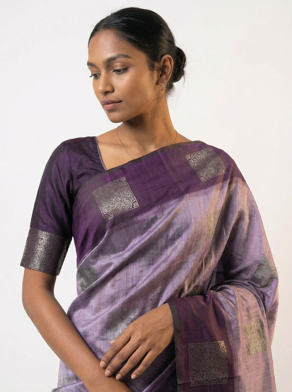 Art Silk Soft Lavender Saree with Rich Purple Contrast and Square Motifs