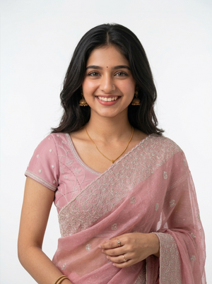 Vijithra Silk Baby Pink Zari With Stone Border Designer Saree