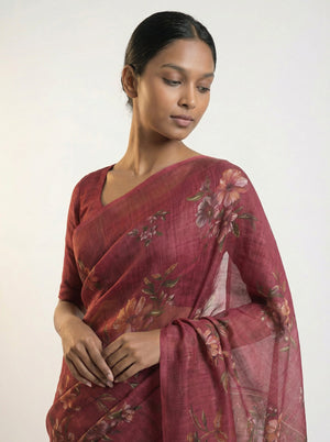 Cotton Saree in Deep Rose Pink with Floral Print and Ethnic Pallu