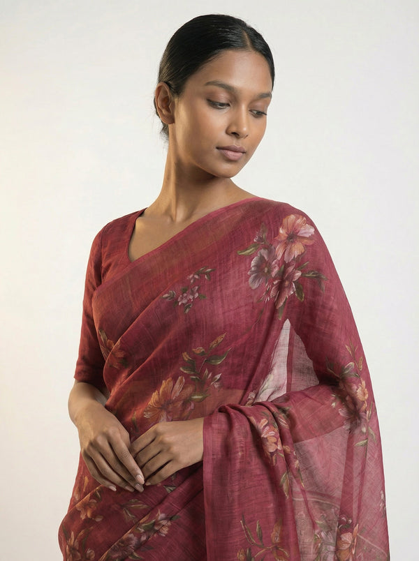 Cotton Saree in Deep Rose Pink with Floral Print and Ethnic Pallu