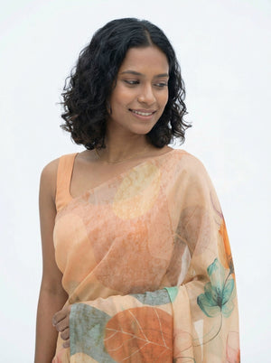 Chanderi Cotton Peach Floral Digital Print Saree