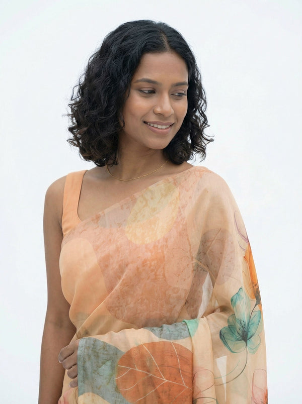 Chanderi Cotton Peach Floral Digital Print Saree