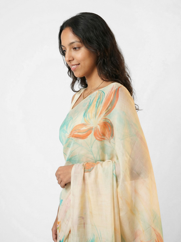 Organza Cream Floral Digital Print Saree