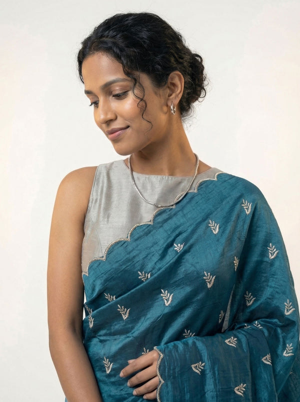 Organza Teal Blue Floral Butti Designer Saree with Scalloped Embroidered Border