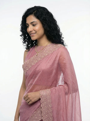 Shimmer Organza Baby Pink Designer Saree with Micro Dot Work and Heavy Embroidered Border