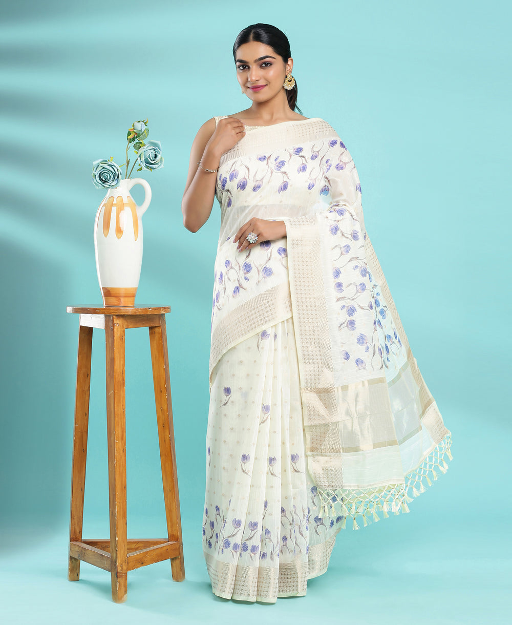 Jute Silk Indigo Floral Print Cream Color Saree