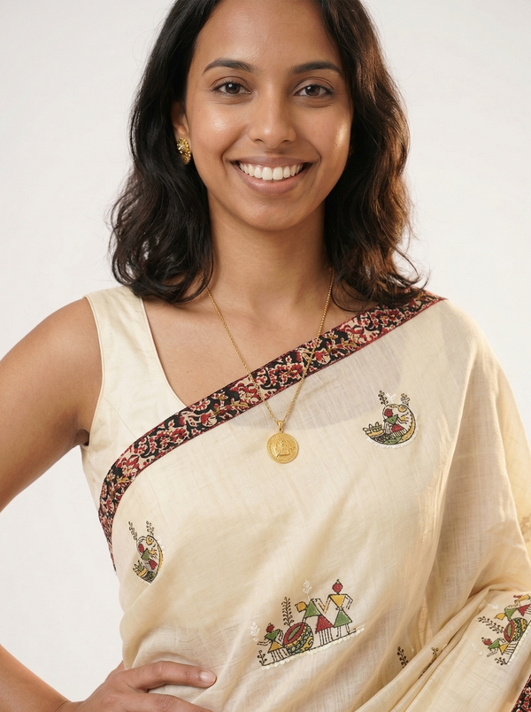 Chanderi Cotton Cream & Multicolor Floral Motif Pattern Saree