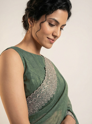 Shimmer Organza Sage Green Designer Saree with Micro Dot Work and Heavy Border