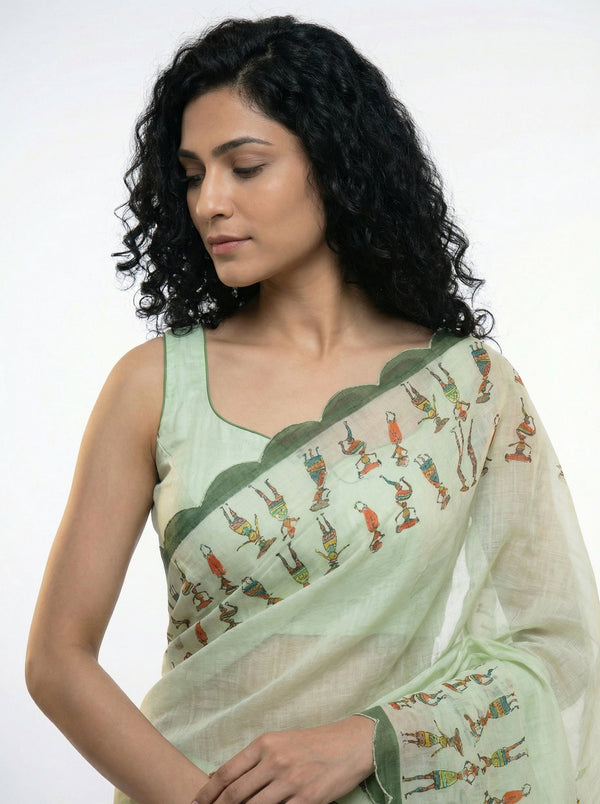 Cotton Light Green Saree with Folk Art Prints