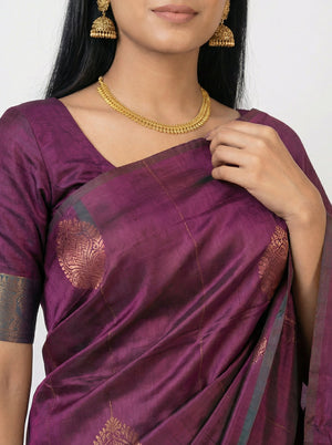 Semi Silk Wine  Saree with Copper Self Butta Motifs & Peacock Blue Blouse