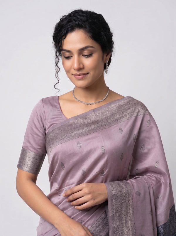 Art Silk Lavender Saree with Contrast Blue Silver Zari Woven Paisley Pallu
