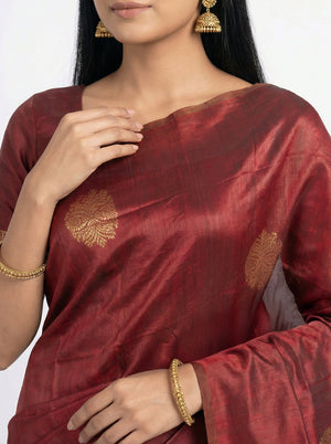 Semi Silk Maroon Saree with Floral Pallu & Plain Border Blouse