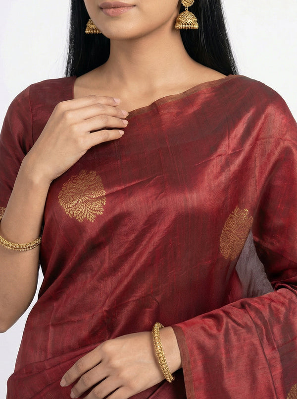 Semi Silk Maroon Saree with Floral Pallu & Plain Border Blouse
