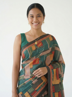 Chanderi Cotton Teal Abstract Geometric Saree