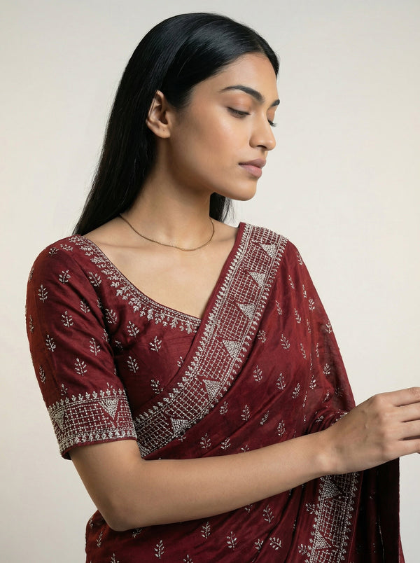 Vijithra Silk Deep Maroon All Over Stone Work Designer Saree