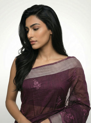 Chanderi Cotton Wine  Saree with Zari Border and Floral Butti Work