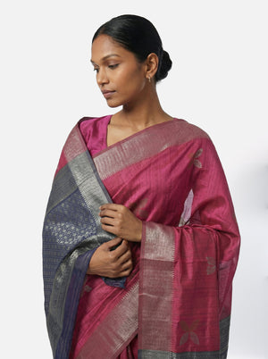 Art Silk Magenta Zari Butta Traditional Saree with Contrast Border