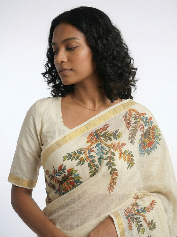 Cotton Cream Saree with Multicolor Floral Vine Print