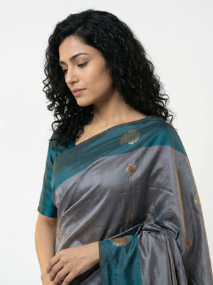 Art Silk Grey Teal Saree with Classic Floral Butta Prints and Designer Pallu
