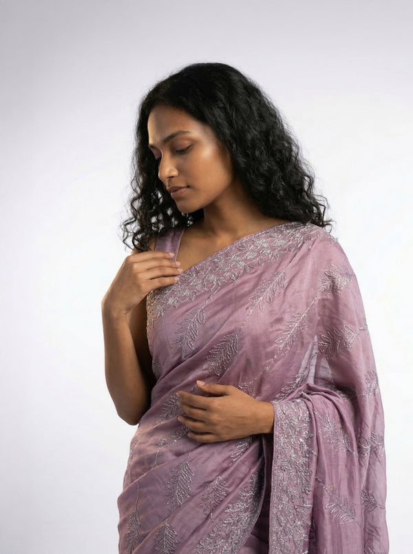 Vijithra Silk Dusty Rose Pink Leaf Pattern Stone Work Designer Saree
