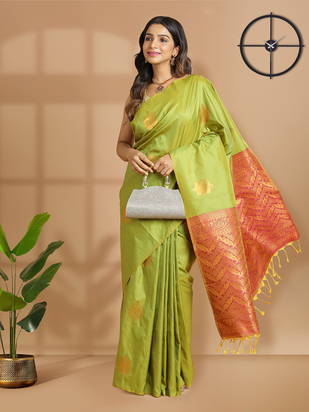 Parrot Green Butta Designed Art Silk Saree With Magenta Border